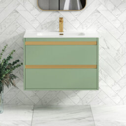 Royal Bathrooms Orion 800mm Mint Sage 2 Drawer Wall Hung Vanity Unit With Ceramic Basin & Brushed Brass Strip