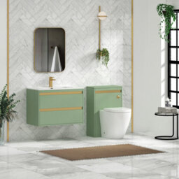 Royal Bathrooms Orion 800mm Mint Sage 2 Drawer Wall Hung Vanity Unit With Ceramic Basin & Brushed Brass Strip - thumbnail 3