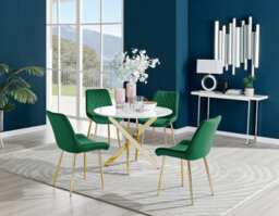 Furniturebox Novara White High Gloss 100Cm Round Dining Table With Gold Starburst Legs & 4 Green Pesaro Velvet Chairs