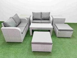 Fimous 6 Seater Outdoor Love Sofa Set Rattan Garden Furniture Set Oblong Coffee Table 2 Footstool 2 Side Tables Light Grey - thumbnail 1