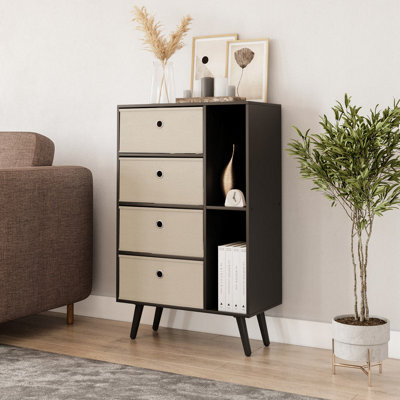 Urbn-Living Urbnliving 84Cm Height Black 6 Section Wooden Storage Bookcase With Black Legs Beige Drawers - image 1