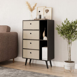 Urbn-Living Urbnliving 84Cm Height Black 6 Section Wooden Storage Bookcase With Black Legs Beige Drawers - thumbnail 1