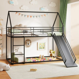 Gainoom House Black Bunk Bed With Slide Low Bunk Bed Frame With Safety Guardrail & Ladder - thumbnail 4