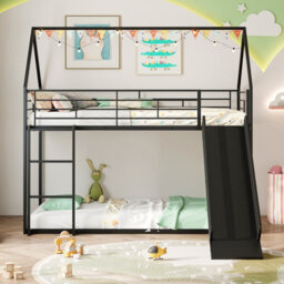 Gainoom House Black Bunk Bed With Slide Low Bunk Bed Frame With Safety Guardrail & Ladder - thumbnail 3