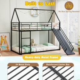 Gainoom House Black Bunk Bed With Slide Low Bunk Bed Frame With Safety Guardrail & Ladder - thumbnail 6
