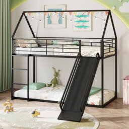 Gainoom House Black Bunk Bed With Slide Low Bunk Bed Frame With Safety Guardrail & Ladder