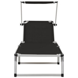 Walplus Folding Sun Lounger With Roof Aluminium And Textilene Black - thumbnail 4