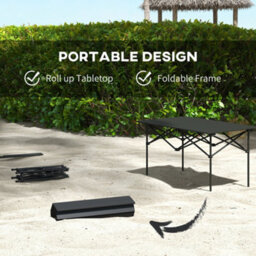 Outsunny Portable Folding Camping Table W/ Roll Up Aluminium Top Carry Bag Black - thumbnail 4