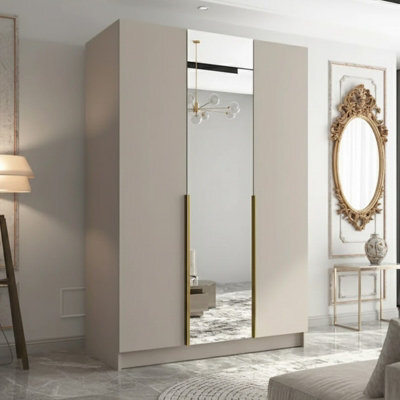 Calia Ii Minimalist Three Door Wardrobe With Mirror Cashmere With Gold Handles - image 1