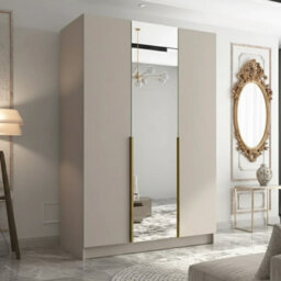 Calia Ii Minimalist Three Door Wardrobe With Mirror Cashmere With Gold Handles - thumbnail 1