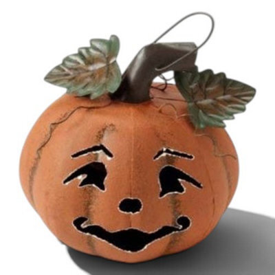 Heaven Sends Large Metal Pumpkin Tea Light Holder With Carved Scary Face And Hanging Handle, 20 X 23 X 18 Cm