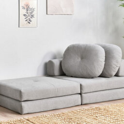 Wyld And Coco Luxora 1-Seater Sofa Pouffe Bed In Light Grey Fabric - Fold-Out Single Sleeper, Convertible Armchair/chaise. - thumbnail 2