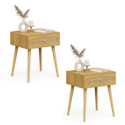 Vonhaus Bedside Tables Set Of 2 For Bedroom, Scandi Natural Rattan 1 Drawer Nightstand - Side Table For Living Room Storage - thumbnail 1