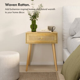 Vonhaus Bedside Tables Set Of 2 For Bedroom, Scandi Natural Rattan 1 Drawer Nightstand - Side Table For Living Room Storage - thumbnail 2