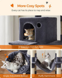LEDREM 206 Cm Cat Tree, Large Cat Tower With 13 Cat Scratching Posts, 2 Perches, 2 Caves, Hanging Basket & Hammock, Pompoms - thumbnail 5