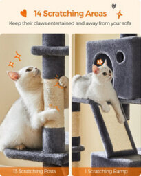 LEDREM 206 Cm Cat Tree, Large Cat Tower With 13 Cat Scratching Posts, 2 Perches, 2 Caves, Hanging Basket & Hammock, Pompoms - thumbnail 7