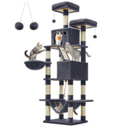 LEDREM 206 Cm Cat Tree, Large Cat Tower With 13 Cat Scratching Posts, 2 Perches, 2 Caves, Hanging Basket & Hammock, Pompoms - thumbnail 4