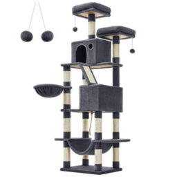 LEDREM 206 Cm Cat Tree, Large Cat Tower With 13 Cat Scratching Posts, 2 Perches, 2 Caves, Hanging Basket & Hammock, Pompoms - thumbnail 3