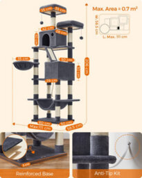 LEDREM 206 Cm Cat Tree, Large Cat Tower With 13 Cat Scratching Posts, 2 Perches, 2 Caves, Hanging Basket & Hammock, Pompoms - thumbnail 9