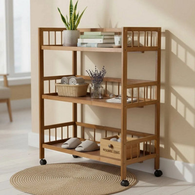 Mobile Bamboo Shelving Cart Wheeled Bookcase Display Storage Unit - image 1