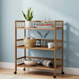Mobile Bamboo Shelving Cart Wheeled Bookcase Display Storage Unit - thumbnail 4