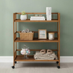 Mobile Bamboo Shelving Cart Wheeled Bookcase Display Storage Unit - thumbnail 3