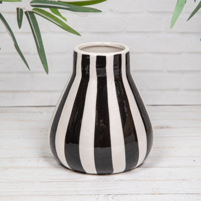 Black & White Striped Tall Or Round Ceramic Glazed Flower Vases (24797) - Round - image 1