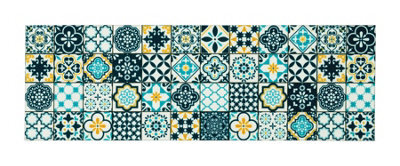 Blue Yellow Cream Modern Floral Geometric Easy To Clean Mat For Living Room, Dining Room, Bedroom & Kitchen-50Cm X 150Cm - image 1