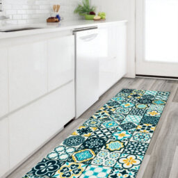 Blue Yellow Cream Modern Floral Geometric Easy To Clean Mat For Living Room, Dining Room, Bedroom & Kitchen-50Cm X 150Cm - thumbnail 2