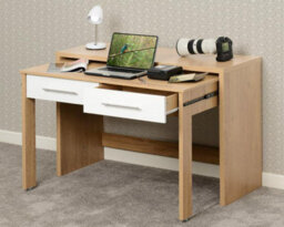 Seconique Seville 2 Drawer Slider Desk In White Gloss Light Oak Effect Veneer