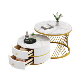 High Gloss Round Nesting Coffee Tables With Marble Top, Storage Drawers & Black Frames - thumbnail 5