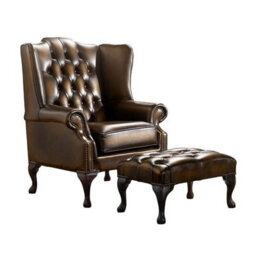 Chesterfield Flat Wing Chair + Footstool Antique Tan Leather In Mallory Style - thumbnail 1