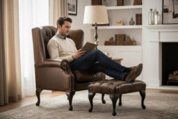 Chesterfield Flat Wing Chair + Footstool Antique Tan Leather In Mallory Style - thumbnail 3