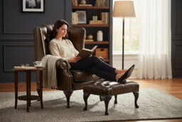 Chesterfield Flat Wing Chair + Footstool Antique Tan Leather In Mallory Style - thumbnail 2