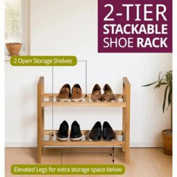 Shoe Rack, 2 Tier Stackable Wooden Shelf Organiser, Narrow Oak Shoe Storage Rack - thumbnail 3