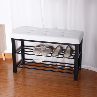 IHIDirect White 3 Tier Faux Leather Tufted Cushioned Shoe Rack Seating Bench Hallway Storage Organiser Stand - image 1