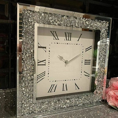 Biznest 45X45Cm Extra Large Wall Clock Square Crushed Diamante Diamond Crystal Mirror