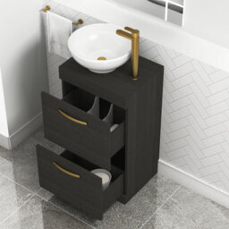 Royal Bathrooms 500mm Floor Standing Vanity Unit 2 Drawer Hale Black & Countertop Basin - Breeze With Brushed Brass Handle - thumbnail 3