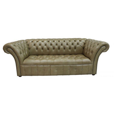 Chesterfield 3 Seater Buttoned Seat Old English Sand Leather Sofa In Balmoral Style - image 1