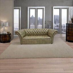 Chesterfield 3 Seater Buttoned Seat Old English Sand Leather Sofa In Balmoral Style - thumbnail 4