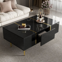 Matteo Modern Black High-Gloss Coffee Table With 2 Drawers And Gold Accents - thumbnail 9