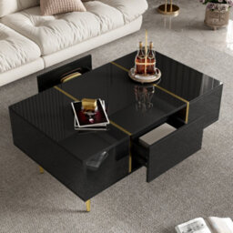 Matteo Modern Black High-Gloss Coffee Table With 2 Drawers And Gold Accents - thumbnail 8