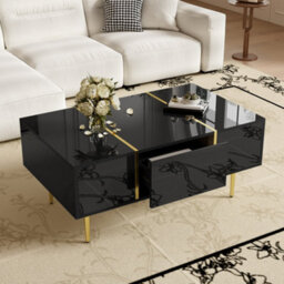 Matteo Modern Black High-Gloss Coffee Table With 2 Drawers And Gold Accents - thumbnail 4