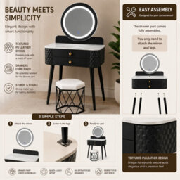 Sliding Wardrobes 4 u LTD Luxury Dressing Table With Led Touch Mirror & Upholstered Stool - Black (60 X 40 X 127Cm) - thumbnail 3