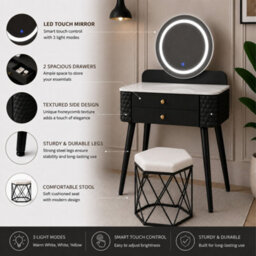 Sliding Wardrobes 4 u LTD Luxury Dressing Table With Led Touch Mirror & Upholstered Stool - Black (60 X 40 X 127Cm) - thumbnail 4