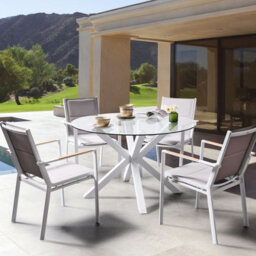 Beliani Garden Dining Table - 120 Cm Round Taupe Glass Top, White Powder-Coated Aluminium Legs Outdoor Modern - thumbnail 2