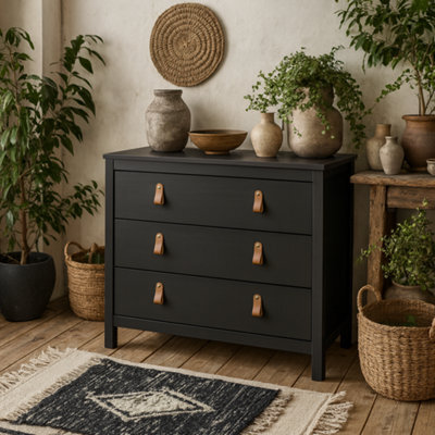 Wyld Haus Wildberry Matt Black 3-Drawer Chest With Brown Leather Strap Handles 821 X 384 X 797 mm - image 1