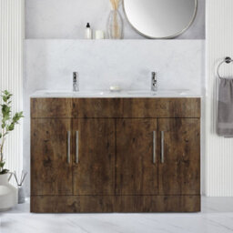 Homestylestore 1210mm Dark Oak Floorstanding Bathroom Vanity Unit Double Basin And Chrome T Bar Handle - thumbnail 2