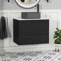 Royal Bathrooms Royal Bathroom Elmore 700mm Nocturne Black Wall Mounted Bathroom Vanity Unit 2 Drawer Plain White Worktop With Art Square Basin - thumbnail 1