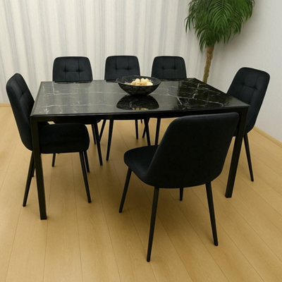 Kosy Koala Black Glass Marble Effect Dining Table Set With 6 Black Velvet Chairs - image 1